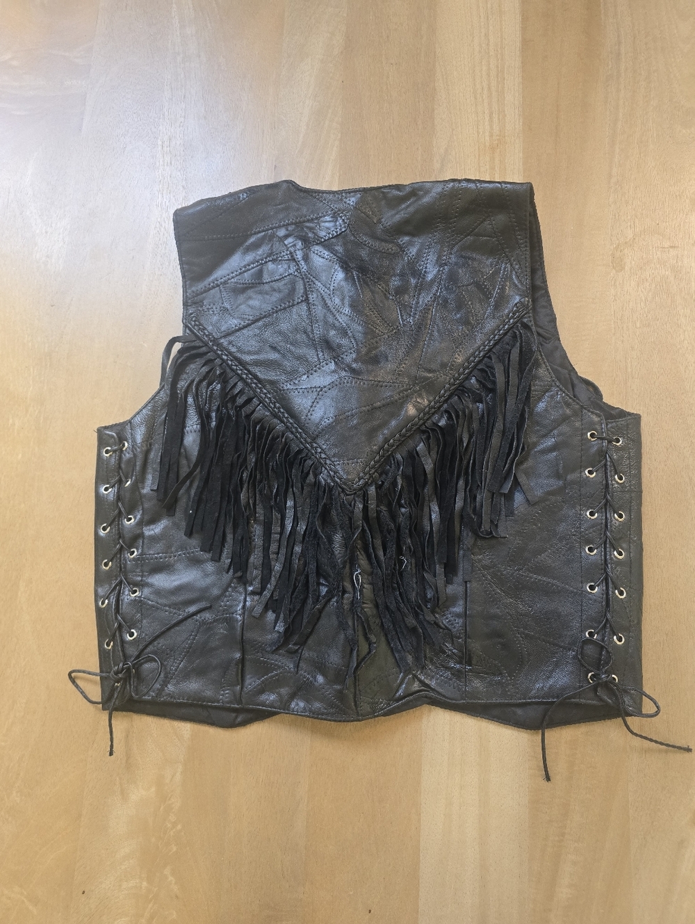 Vintage Patchwork Leather Fringe Vest Black Western Biker Side Lace Women’s Med - Picture 3 of 10
